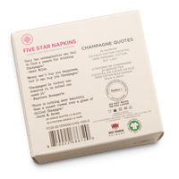 Five Star Napkins luxury organic cotton cocktail napkin box with champagne quotes on packaging