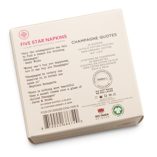Five Star Napkins luxury organic cotton cocktail napkin box with champagne quotes on packaging