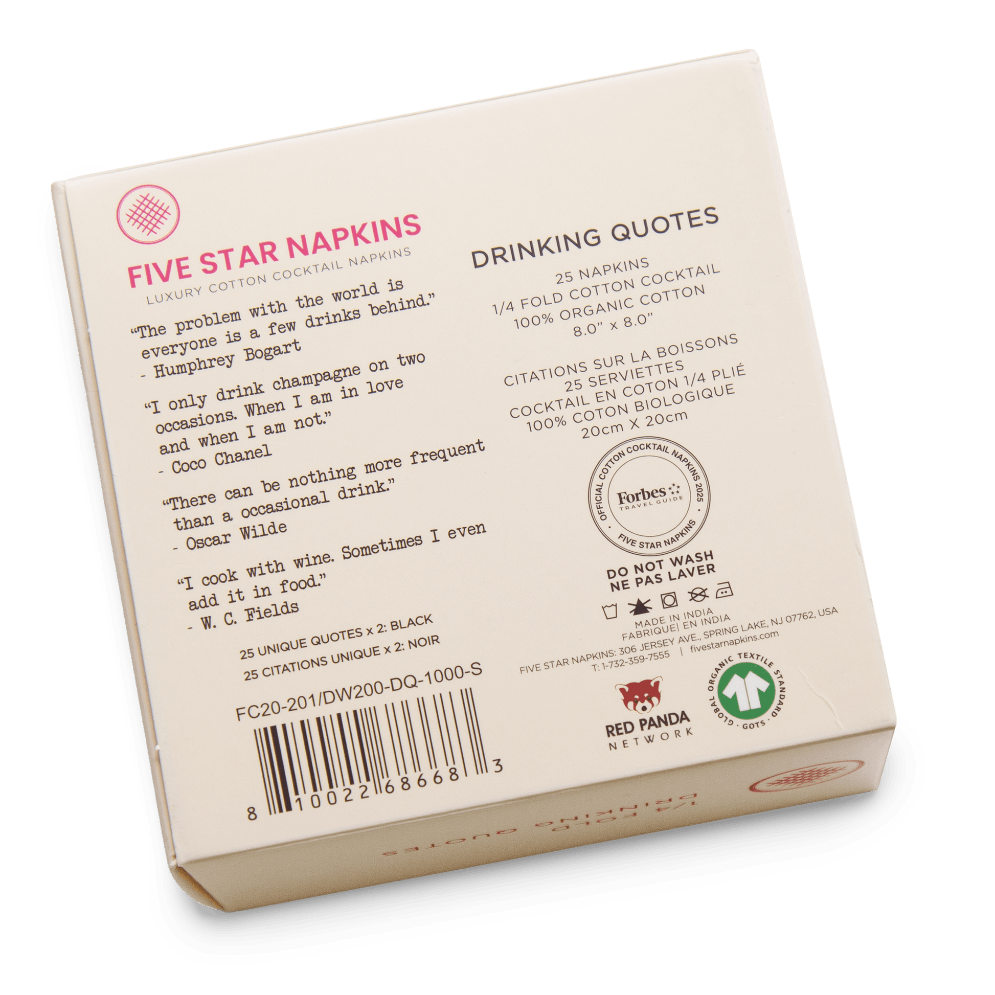 Back of Five Star Napkins box showing luxury organic cotton cocktail napkins with drinking quotes