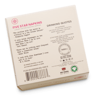 Back of Five Star Napkins box showing luxury organic cotton cocktail napkins with drinking quotes