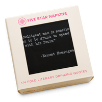 Five Star Napkins luxury cocktail napkin box with literary drinking quote on black cotton.