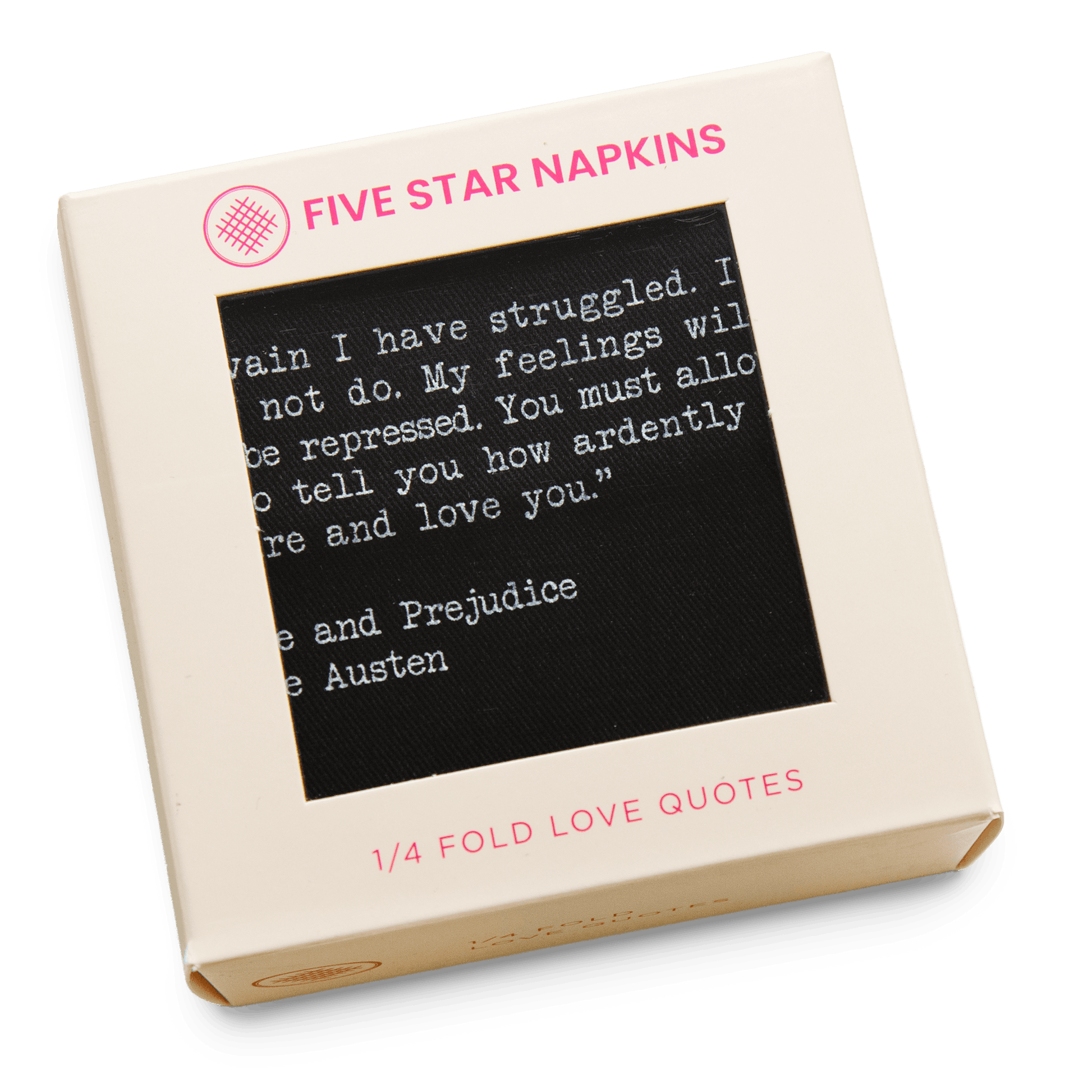 Five Star Napkins luxury cocktail napkin box with Pride and Prejudice love quote on black cotton