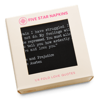 Five Star Napkins luxury cocktail napkin box with Pride and Prejudice love quote on black cotton