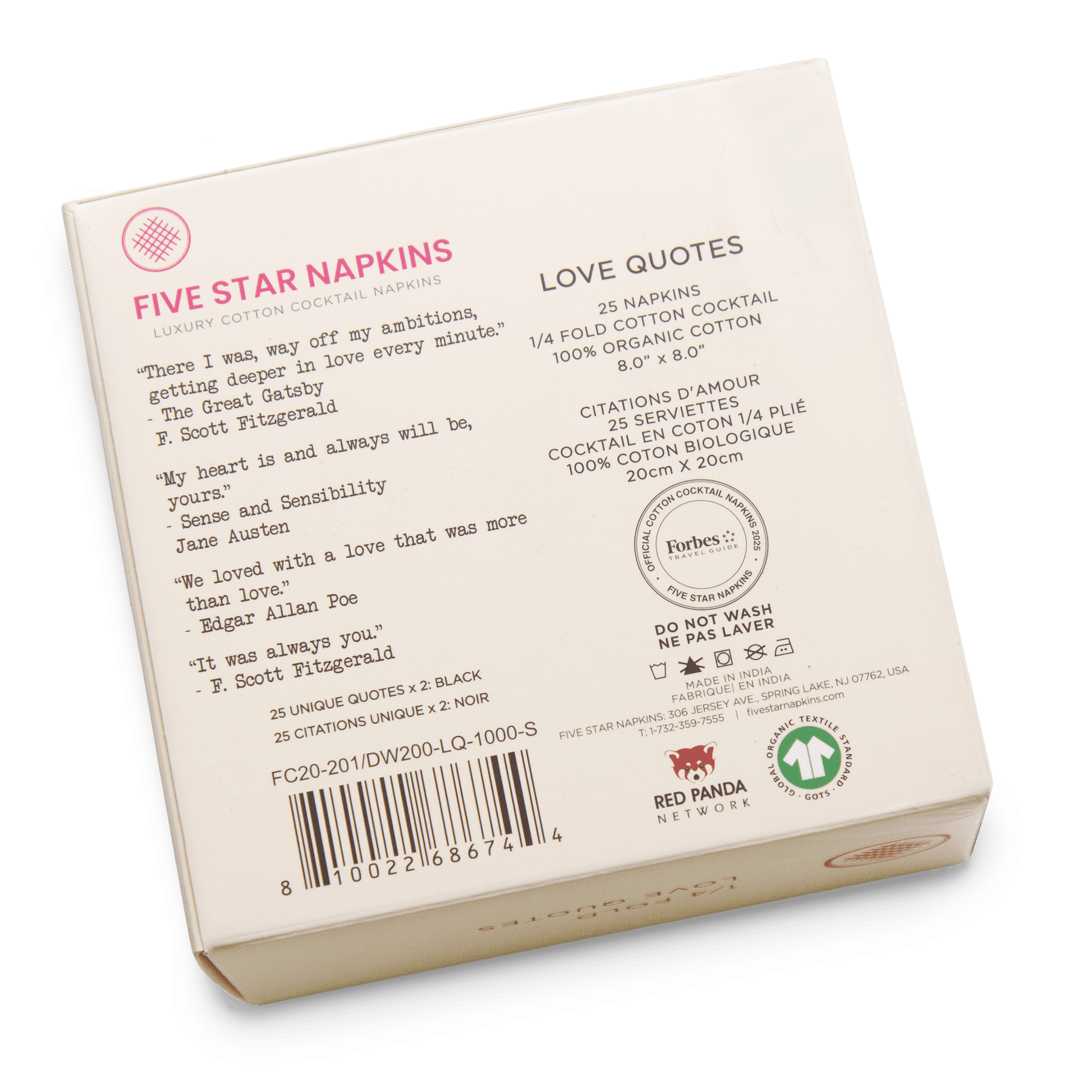 Five Star Napkins love quotes organic cotton cocktail napkin box with product details