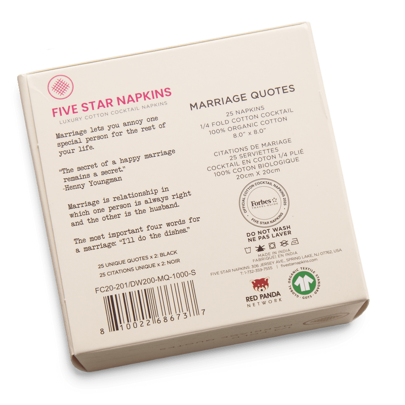 Five Star Napkins luxury cotton cocktail napkins box, marriage quotes design, organic cotton, back packaging.