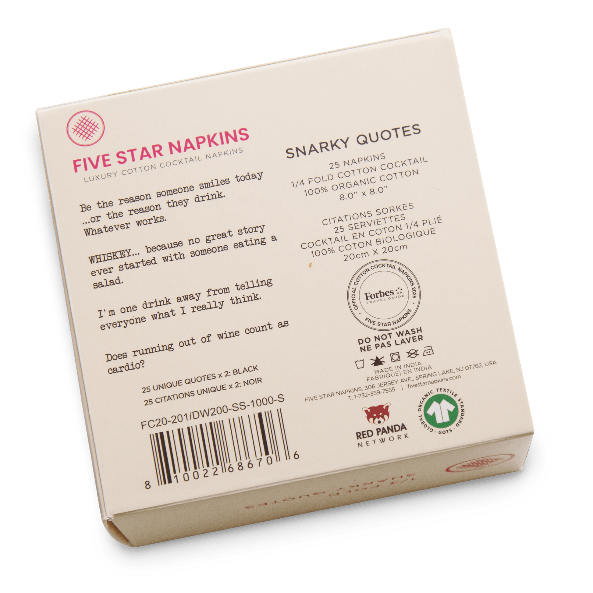 Back of Five Star Napkins box showing luxury organic cotton cocktail napkin details and snarky quotes.
