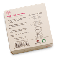 Back of Five Star Napkins box showing luxury organic cotton cocktail napkin details and snarky quotes.