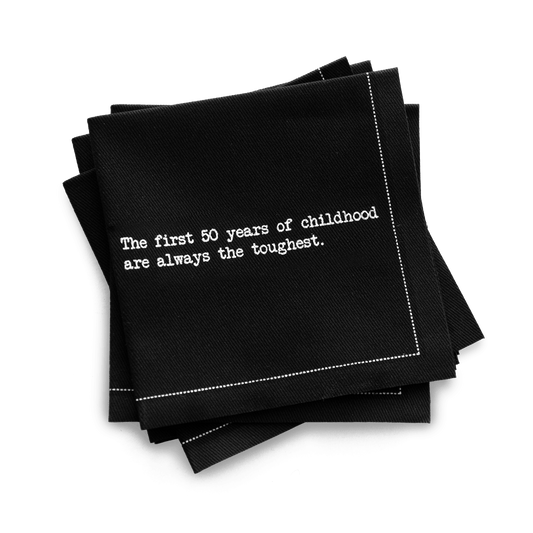 Black luxury cocktail napkin with white stitched border and birthday humor quote, Five Star Napkins