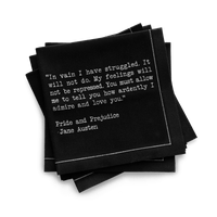 Black luxury cocktail napkins with Pride and Prejudice love quote in white text by Five Star Napkins
