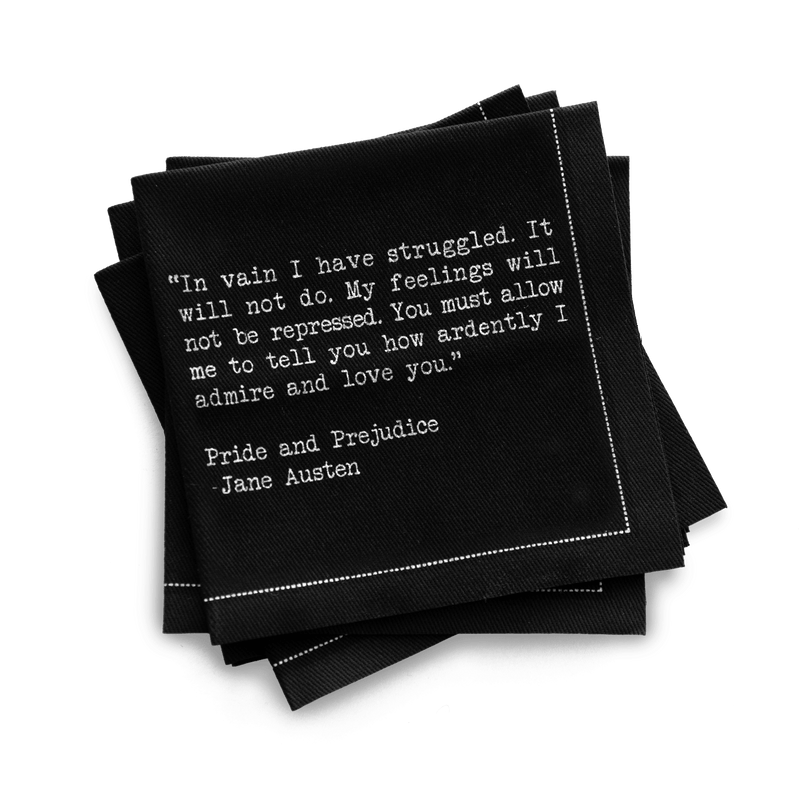 Black luxury cocktail napkins with Pride and Prejudice love quote in white text by Five Star Napkins