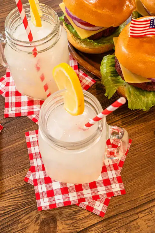 Five Star Napkins Red Vichy Cotton Cocktail Napkins, folded napkins with drinks and straws on wooden surface, 4.5" x 4.5", Case with 24 packs of 50