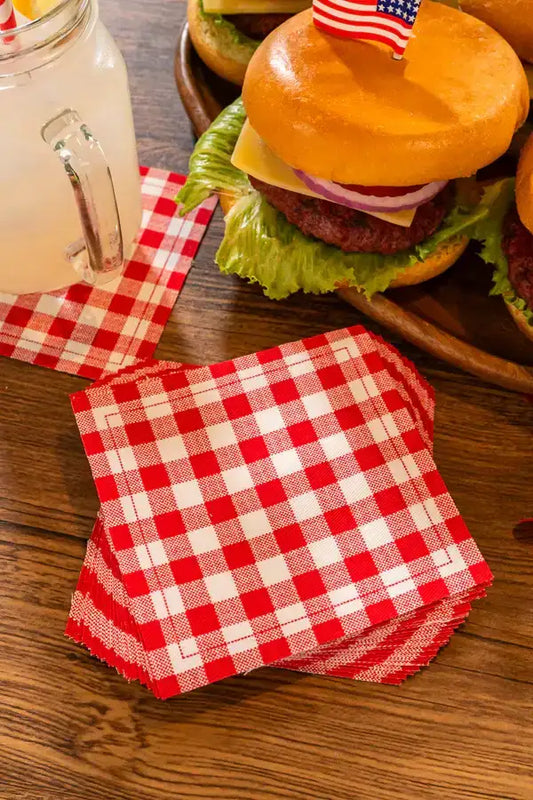 Five Star Napkins Red Vichy Cotton Cocktail Napkins, folded napkins with drinks and straws on wooden surface, 4.5" x 4.5", Single Use, Case with 24 packs of 50
