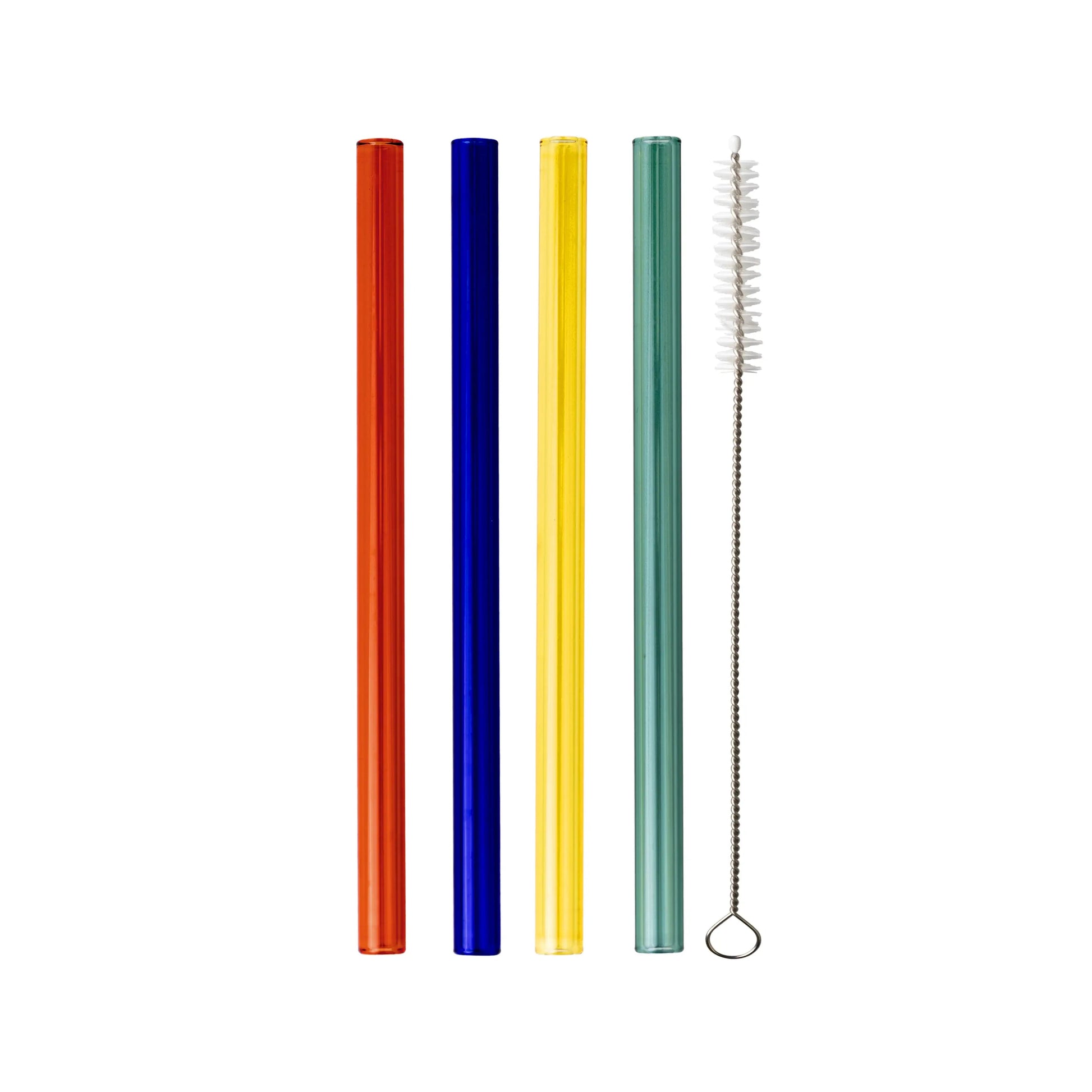 Set of four colorful glass cocktail straws with cleaning brush on white background