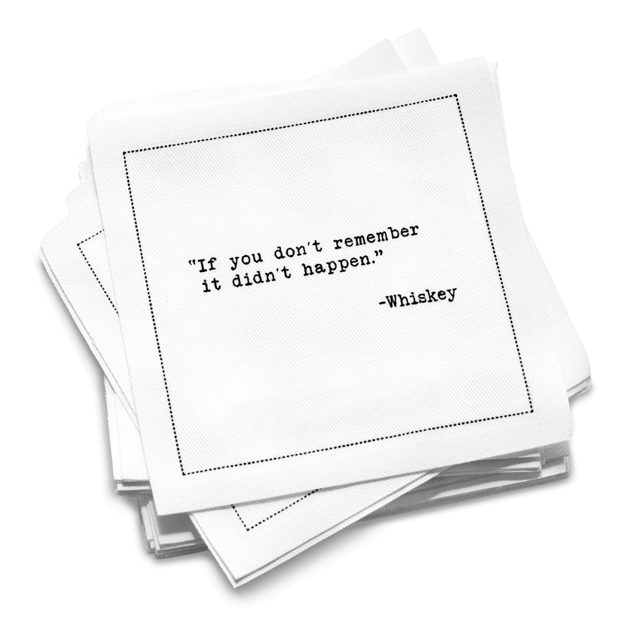 Stack of white cotton whiskey quote cocktail napkins