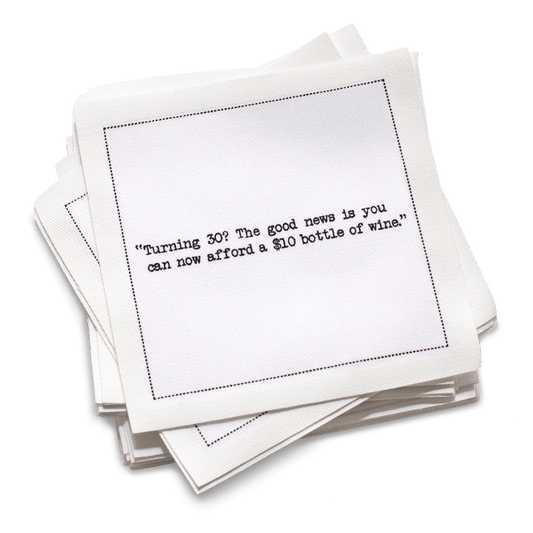 Five Star Napkins 30th Birthday Quotes Napkins, stack of white square napkins with printed birthday quotes, 100% Organic Cotton, 4.5” x 4.5”, 50 Napkins per pack with 25 Unique Quotes