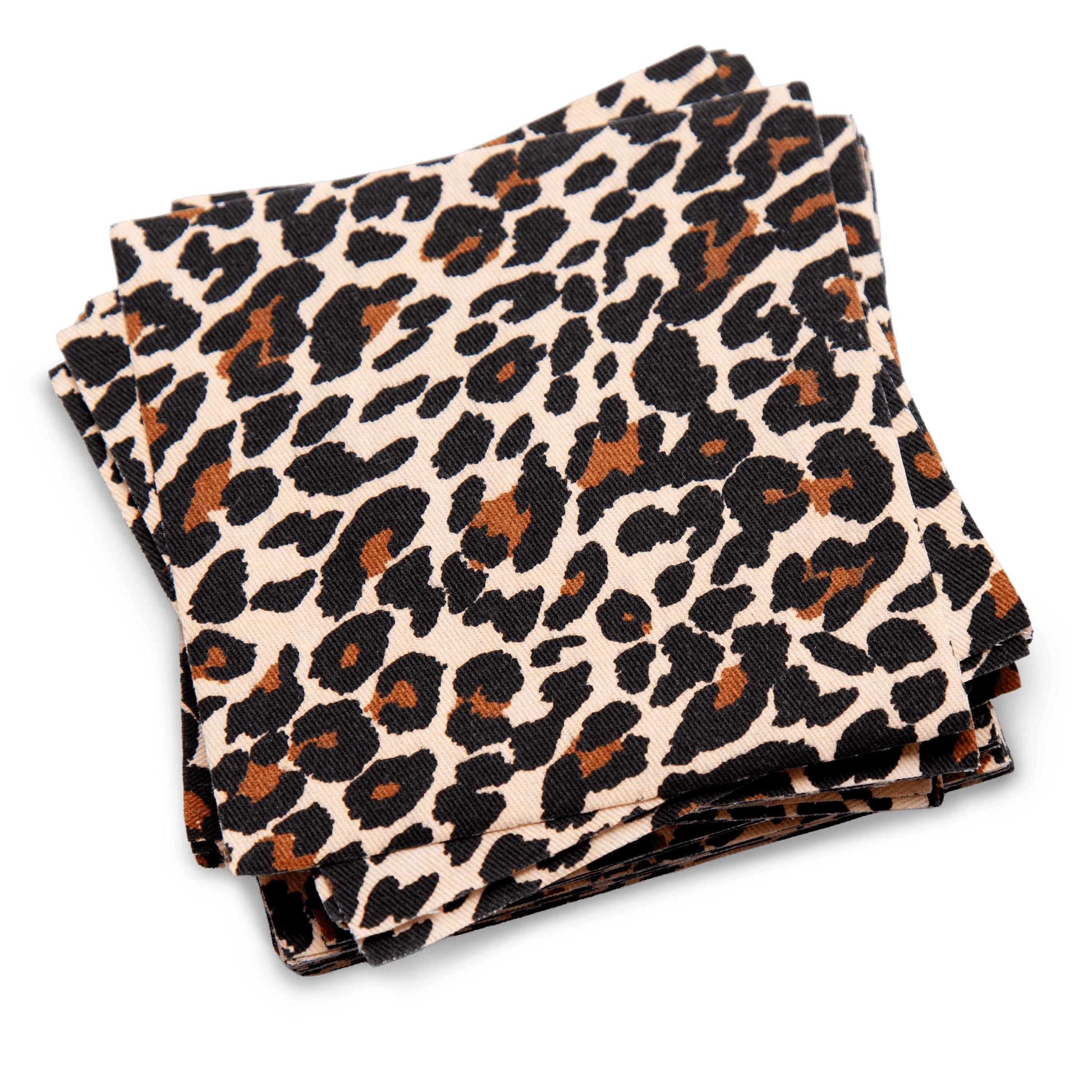 Stack of organic cotton napkins with leopard print pattern, square folded