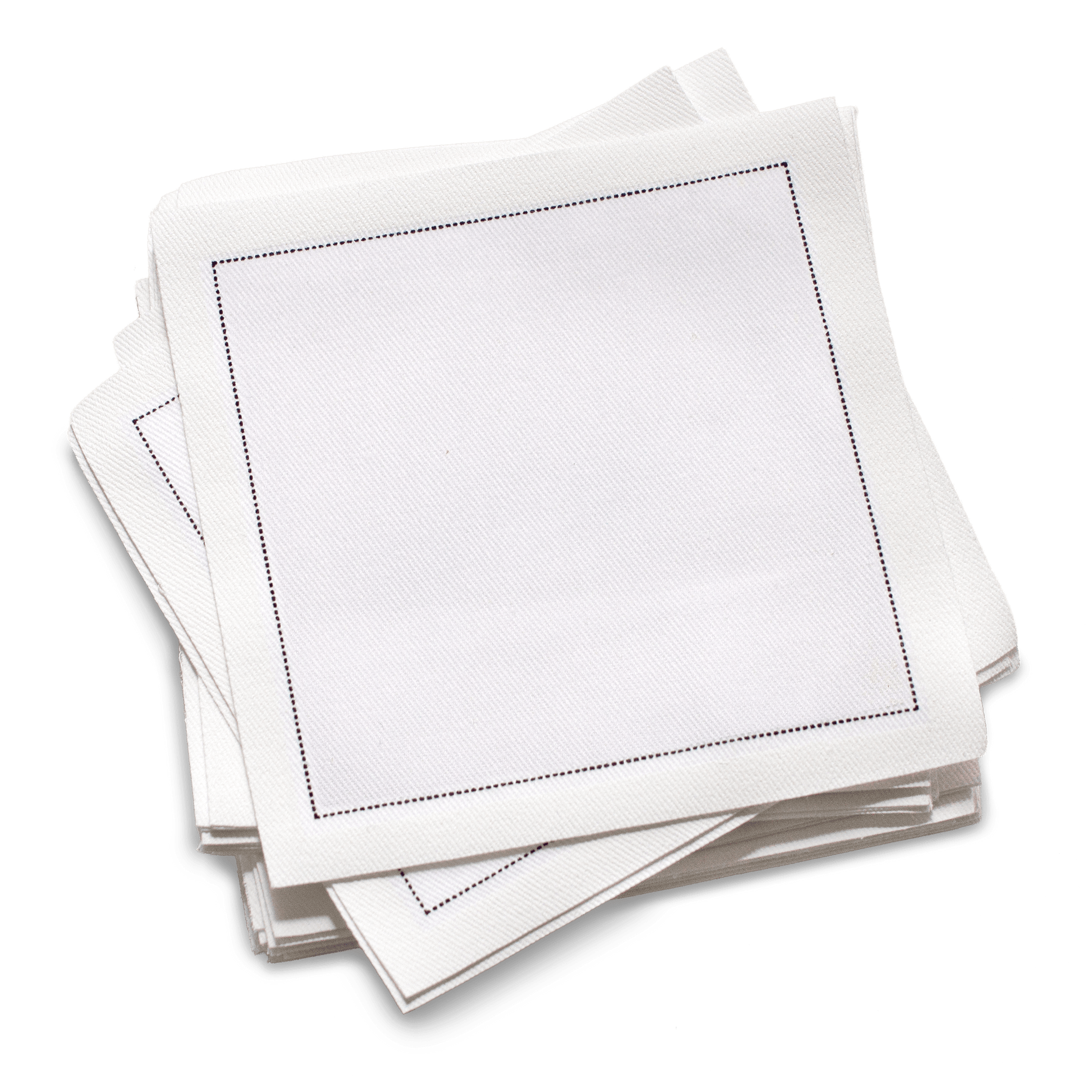 Stack of luxury white organic cotton cocktail napkins with stitched border