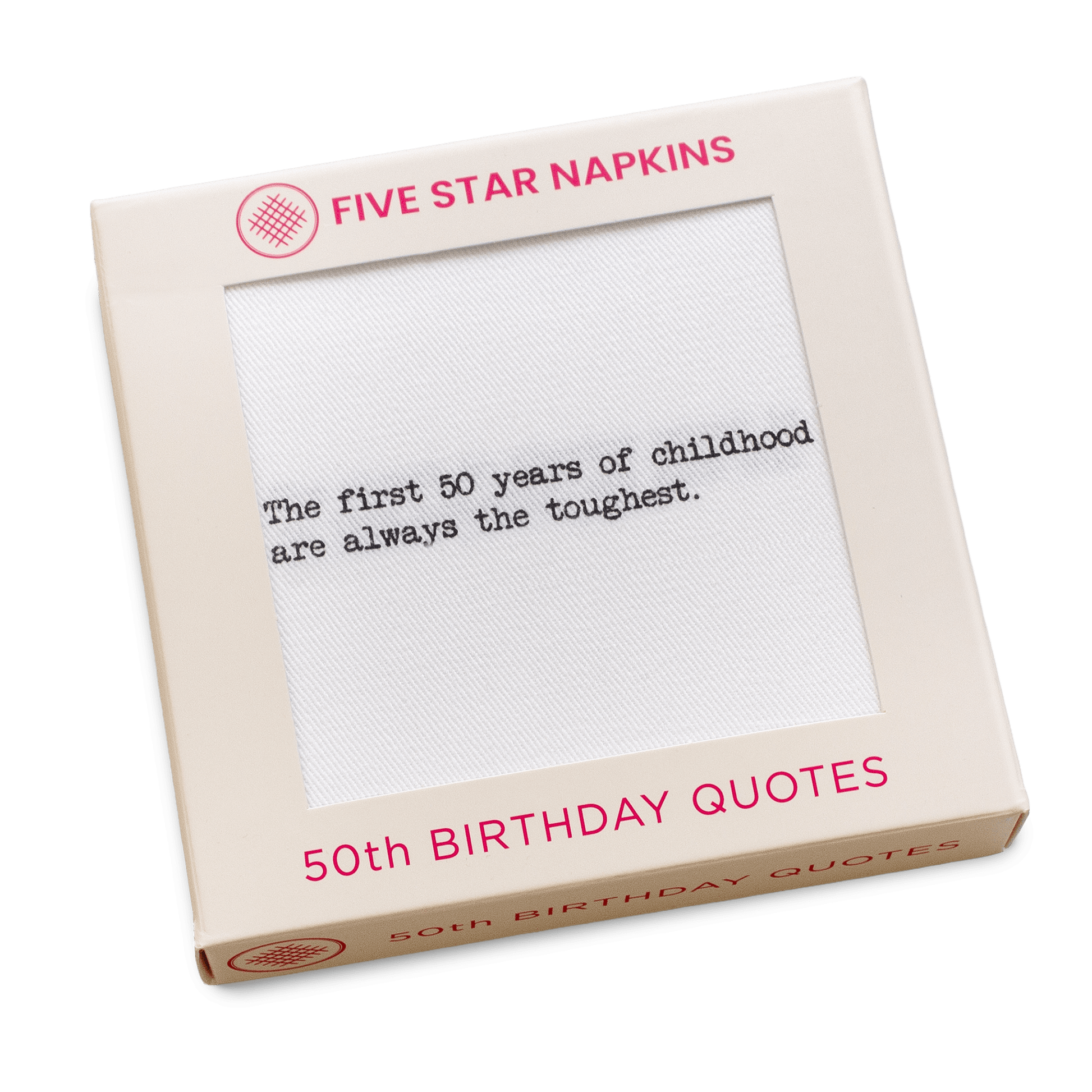 Kraft gift box from Five Star Napkins' 50th Birthday Quotes collection, showing an organic cotton cocktail napkin printed with the quote "The first 50 years of childhood are always the toughest"