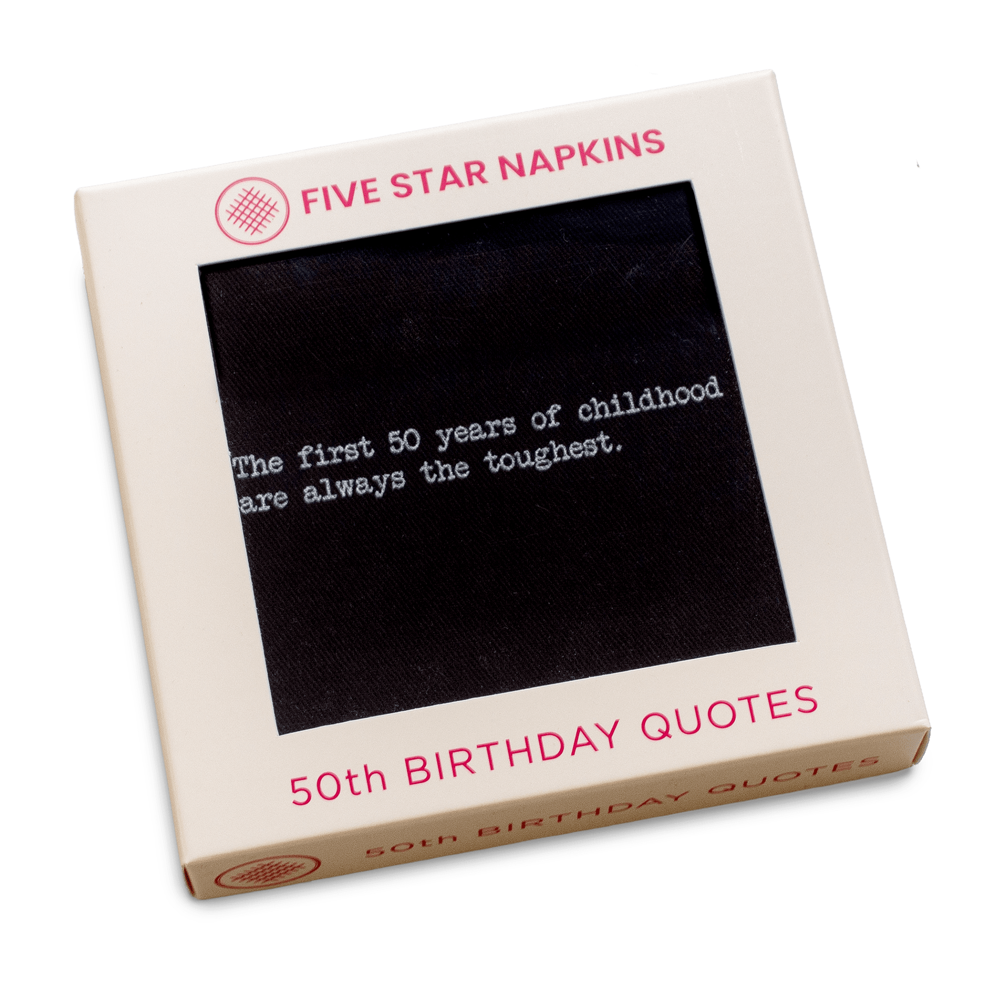 Kraft gift box from Five Star Napkins' 50th Birthday Quotes collection, showing an organic cotton cocktail napkin, black, printed with the quote "The first 50 years of childhood are always the toughest"