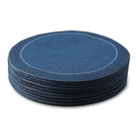 Stack of round organic cotton napkins in blue with stitched border