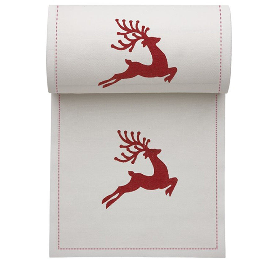 Holiday Ecru organic cotton napkin with red reindeer print and stitched border