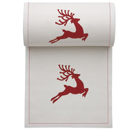 Holiday Ecru organic cotton napkin with red reindeer print and stitched border