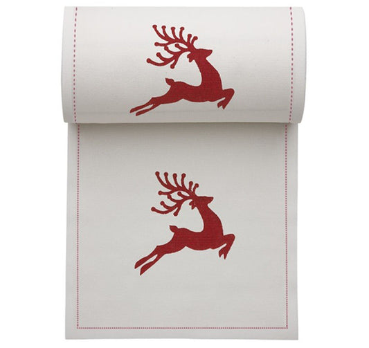 Holiday Ecru organic cotton napkin with red reindeer print and stitched border