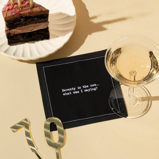 Five Star Napkins 70th Birthday Quotes, Cocktail Napkins, Black singular napkin with 70th birthday quotes with wine and cake, 100% Organic Cotton, 4.5” x 4.5”, 50 Napkins per pack with 25 unique quotes