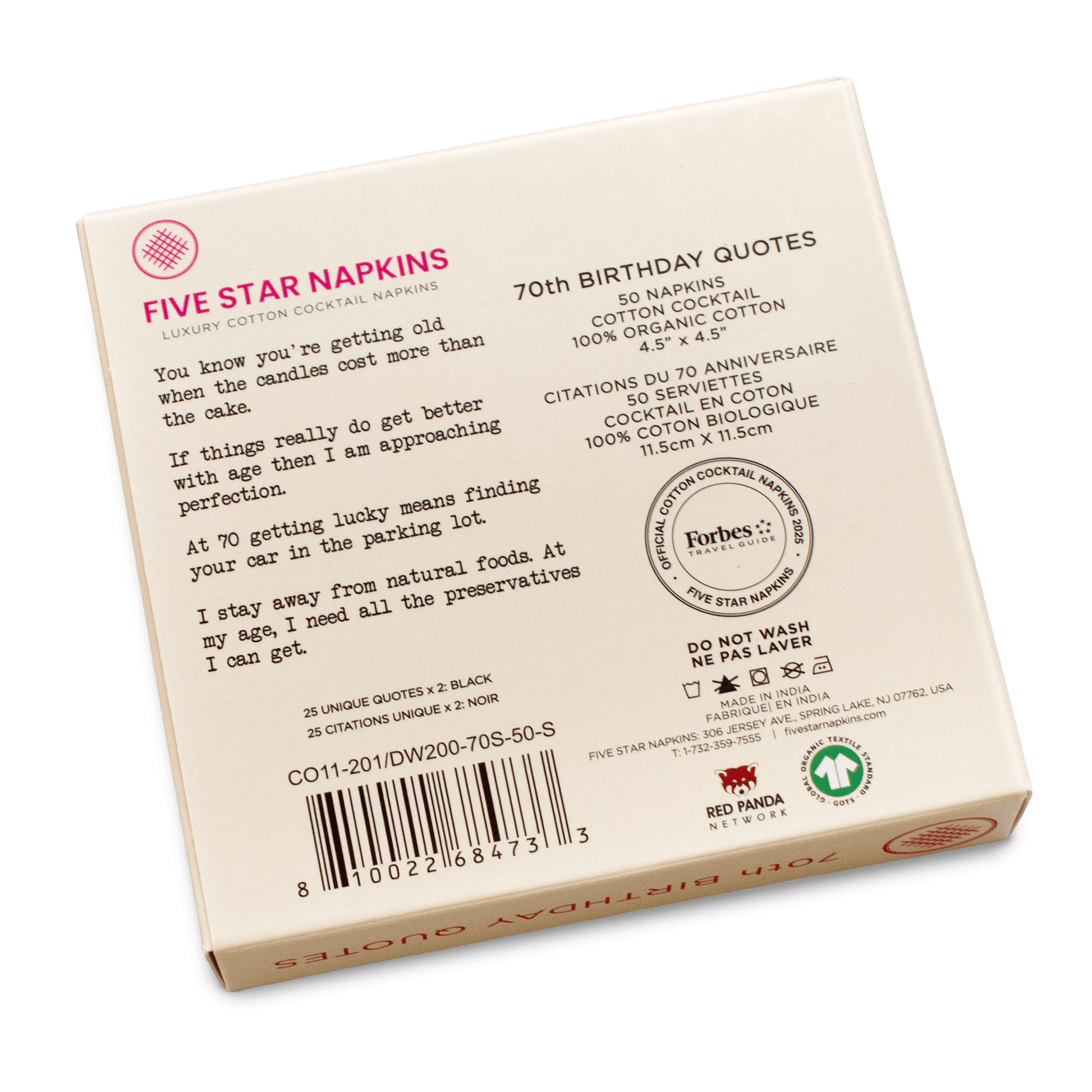 Five Star Napkins luxury cotton cocktail napkins 70th birthday box with quotes and product info.