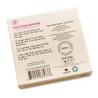 Five Star Napkins luxury cotton cocktail napkins 70th birthday box with quotes and product info.