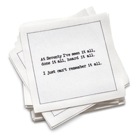 Five Star Napkins 70th Birthday Quotes, Cocktail Napkins, White stack with 70th birthday quotes, 100% Organic Cotton, 4.5” x 4.5”, 50 Napkins per pack with 25 unique quotes