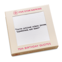 Closed tan gift box with a five star emblem from Five Star Napkins' 75th birthday quote collection