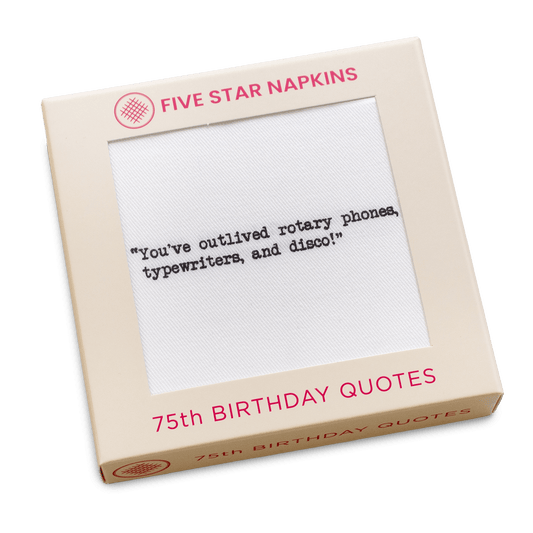 Closed tan gift box with a five star emblem from Five Star Napkins' 75th birthday quote collection