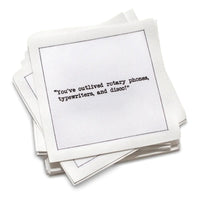 Stack of white cotton cocktail napkins with black text on a white background | Five Star Napkins' 75th birthday quote collection