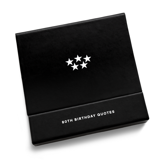Closed black gift box with a five star emblem from Five Star Napkins' 80th birthday quote collection