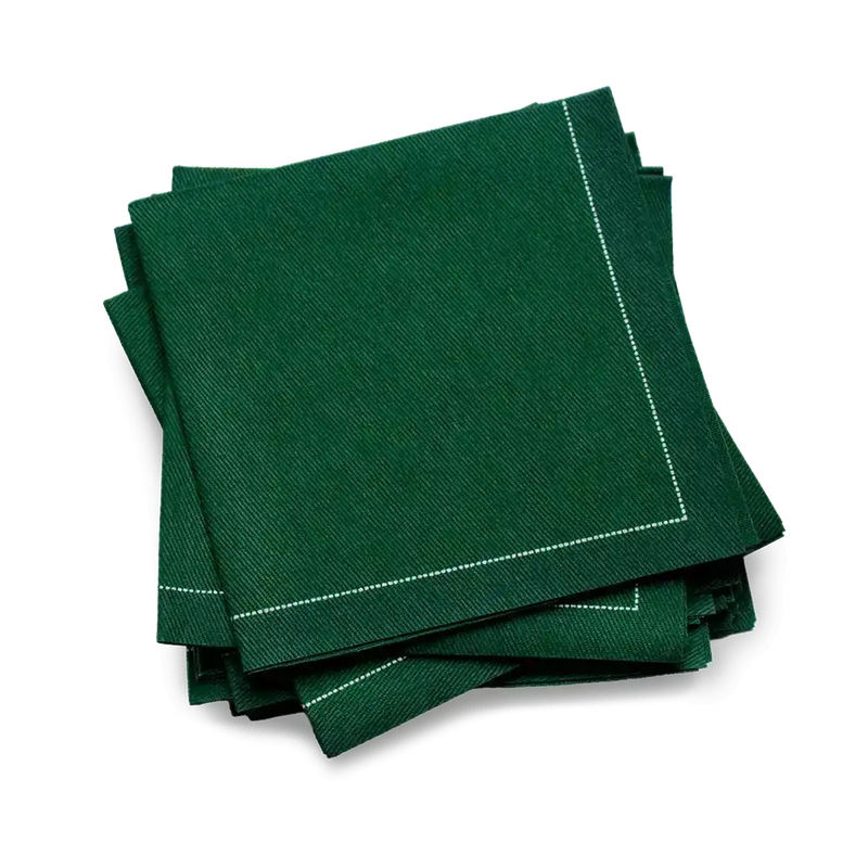 Stack of British Racing Green organic cotton cocktail napkins with white stitched border