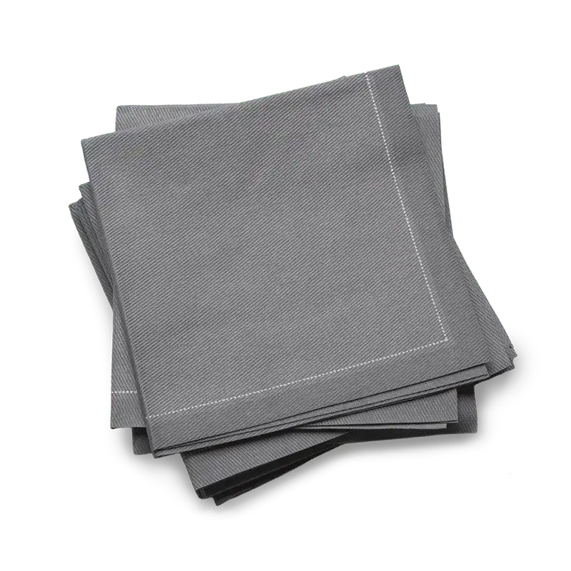 Stack of grey organic cotton cocktail napkins with white stitching, luxury table decor