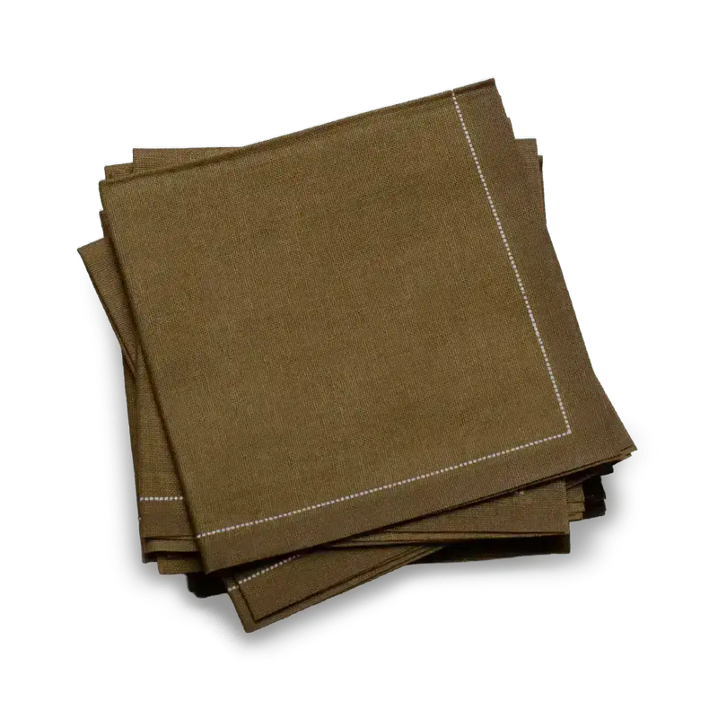 Khaki organic cotton cocktail napkins with white stitched border, luxury tabletop accessory