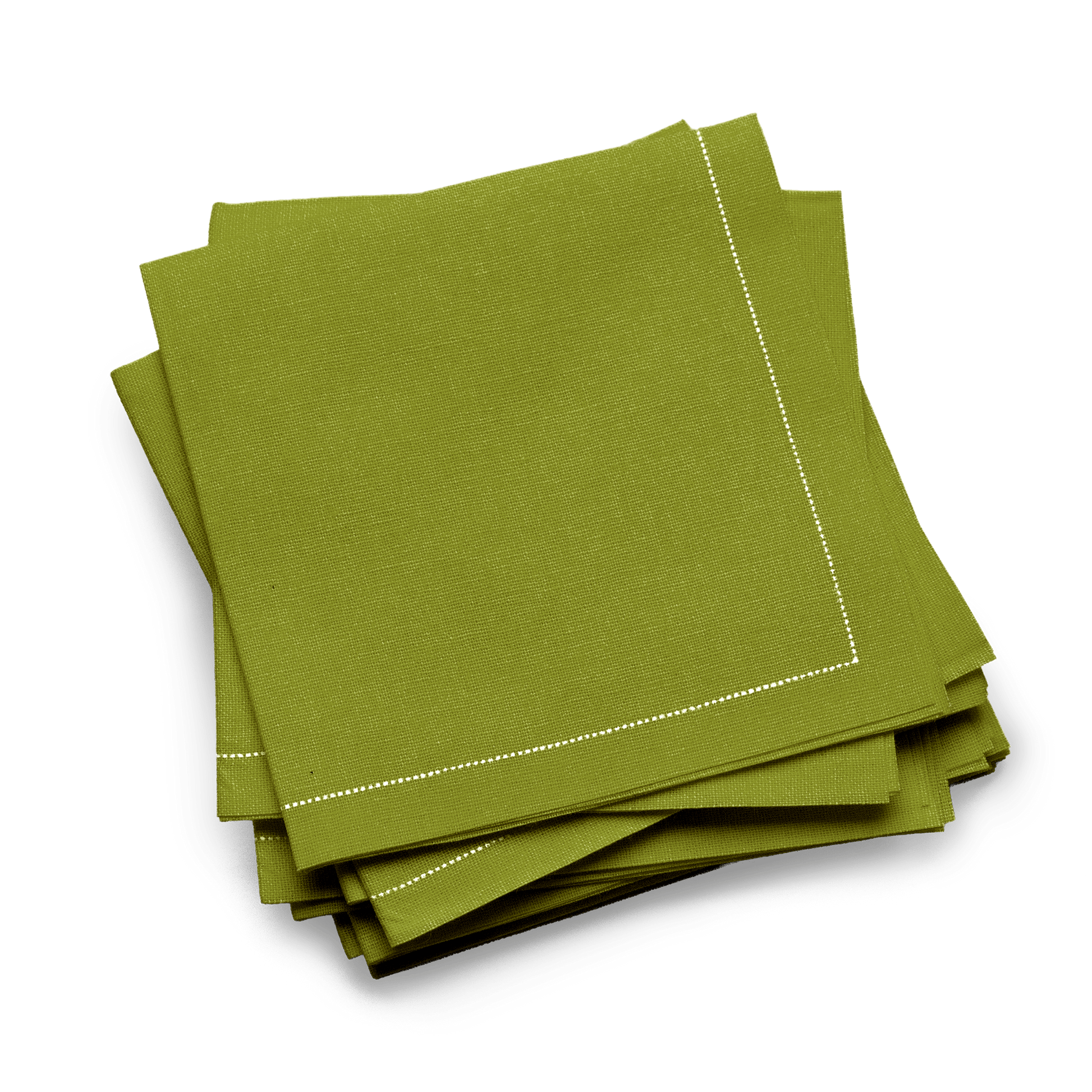 Green organic cotton cocktail napkins with stitched border, luxury table linen from Five Star Napkins.