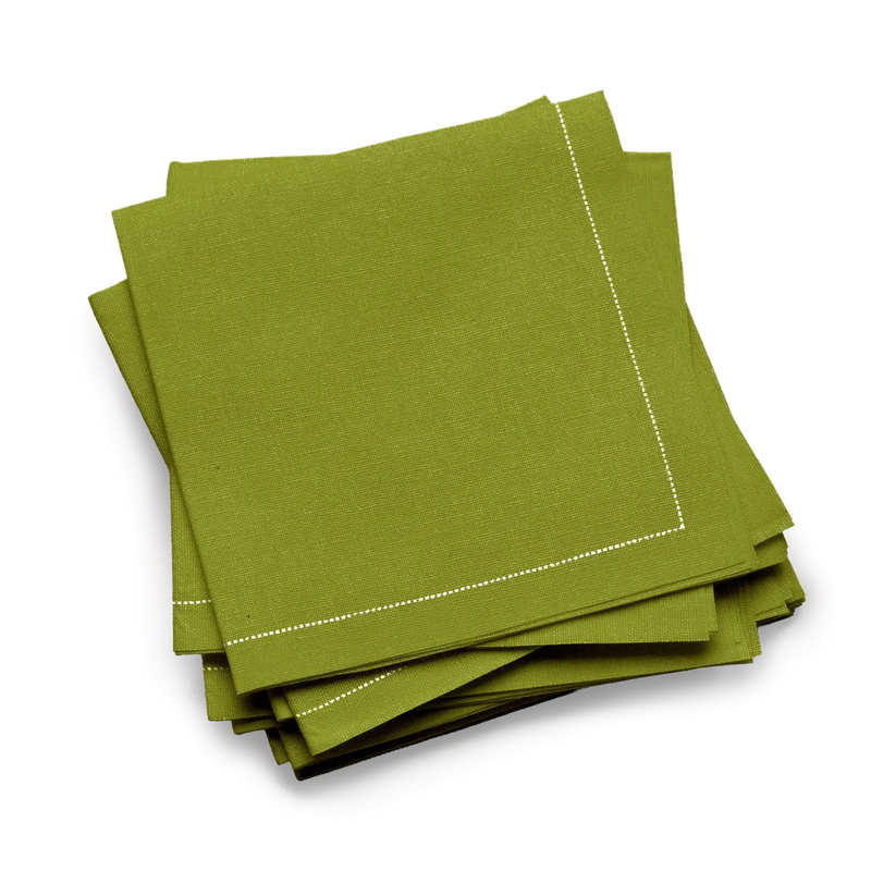 Green organic cotton cocktail napkins with stitched border, luxury table linens from Five Star Napkins