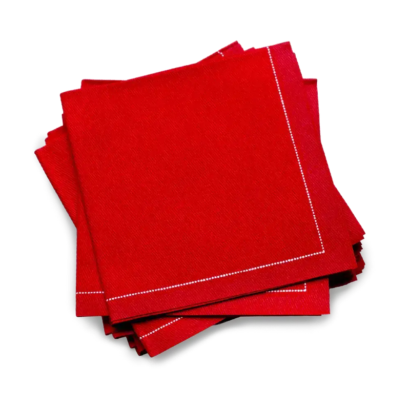 Luxury red organic cotton cocktail napkins with stitched border from Five Star Napkins