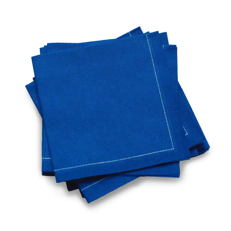 Royal blue organic cotton cocktail napkins with white stitched border by Five Star Napkins
