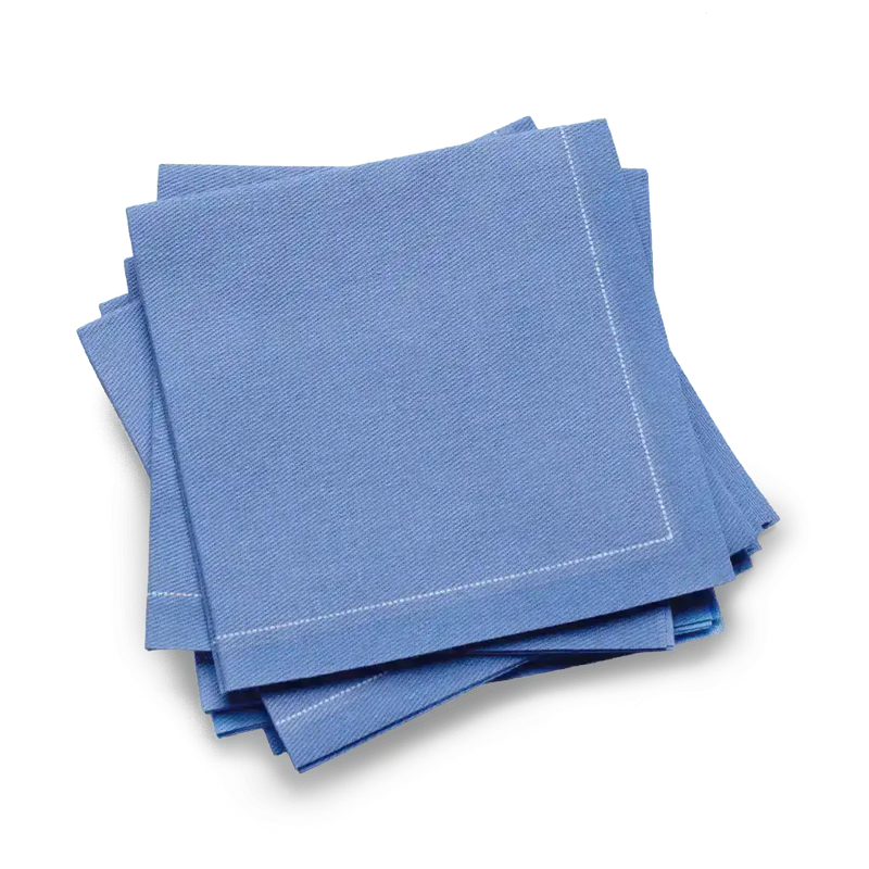 Stack of luxury sea blue organic cotton cocktail napkins from Five Star Napkins