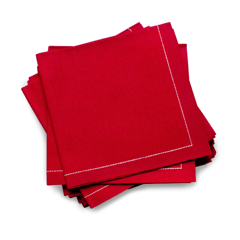 Red organic cotton cocktail napkins with white stitched border from Five Star Napkins