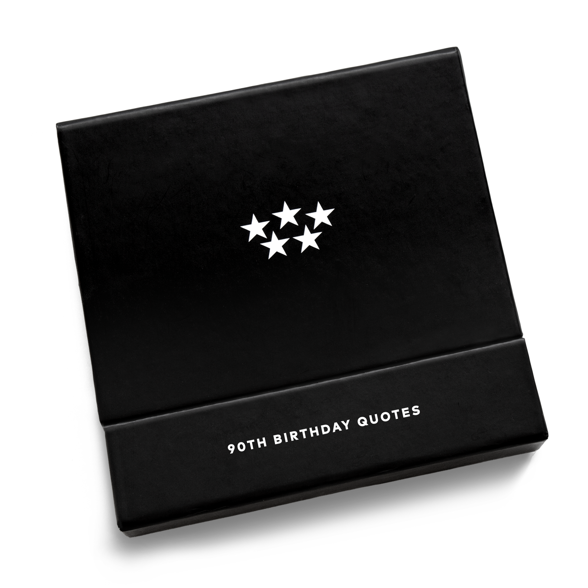 Closed black gift box with a five star emblem from Five Star Napkins' 90th birthday quote collection