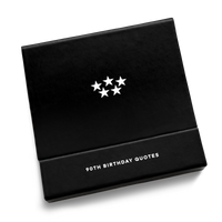 Closed black gift box with a five star emblem from Five Star Napkins' 90th birthday quote collection