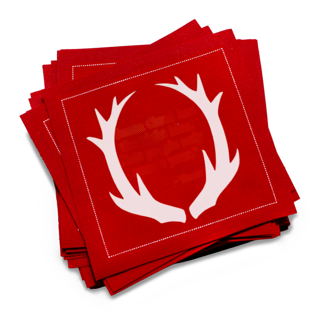 Red luxury cocktail napkins with white antler design, Five Star Napkins organic cotton.