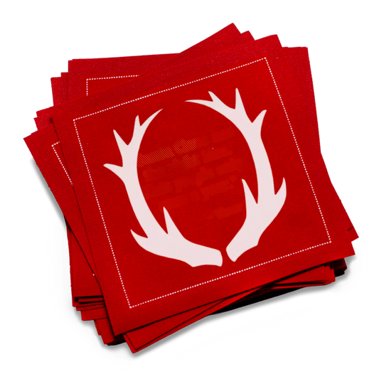Red luxury cocktail napkins with white antler design, Five Star Napkins organic cotton.