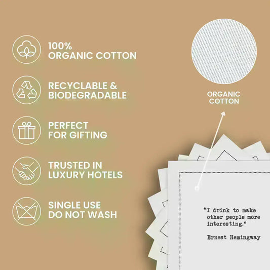 Organic cotton luxury cocktail napkins with eco-friendly and hotel-trusted features displayed.