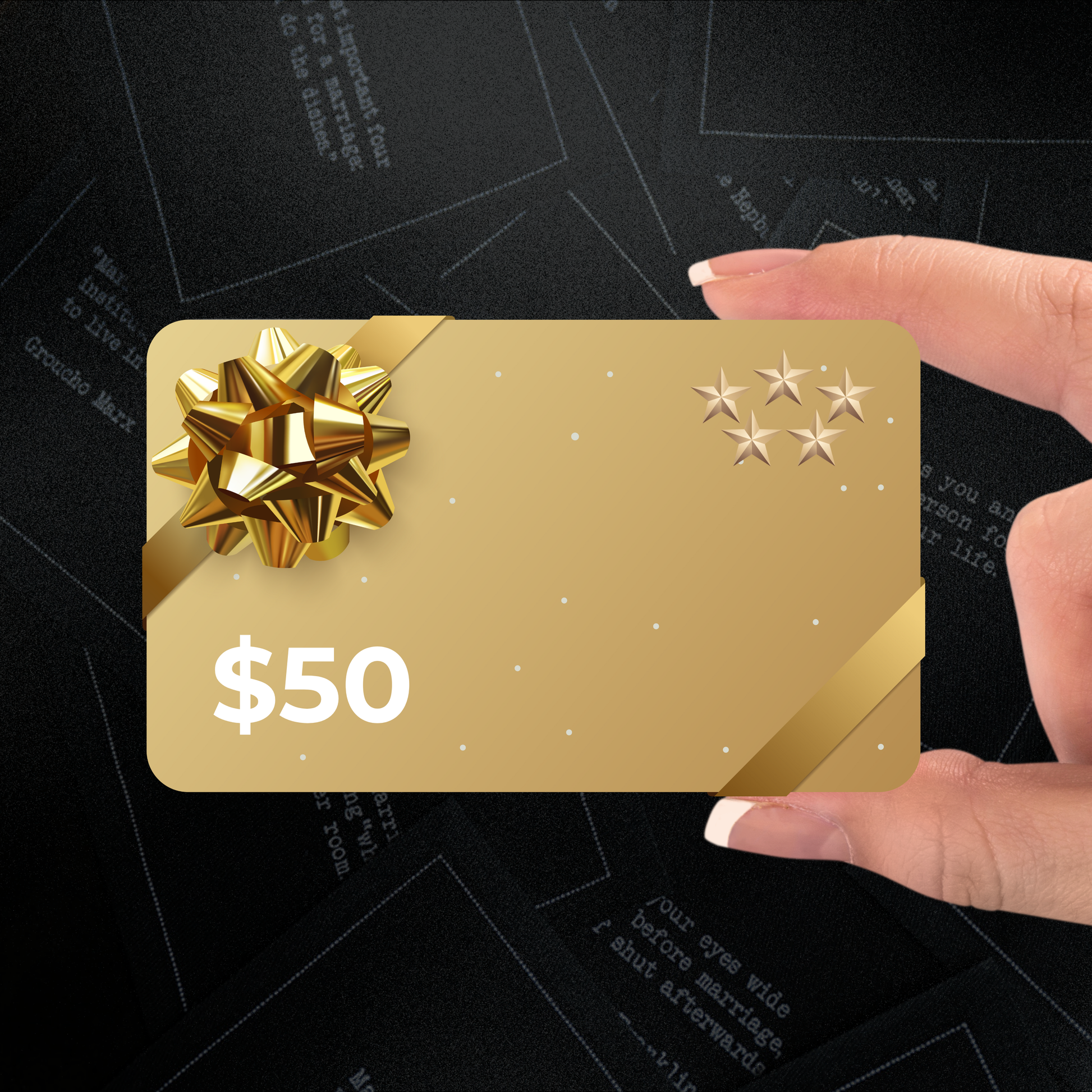 Hand holding a gold $50 gift card with bow, suitable for Five Star Napkins luxury cocktail gifts.